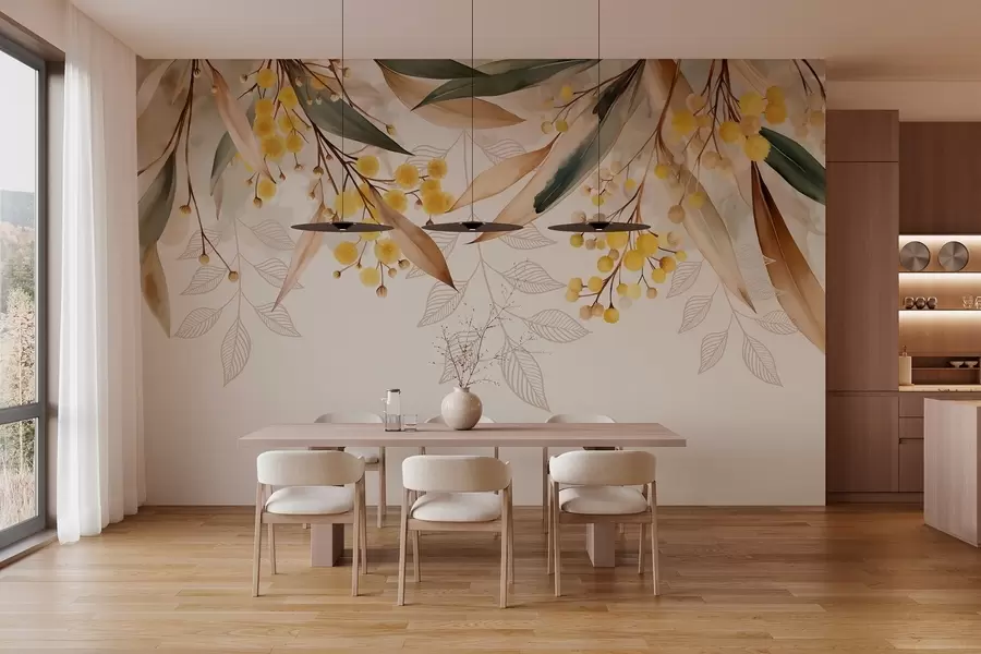 Fototapety kvety a listy mimózy padajúce zhora v akvarelovom štýle w04880