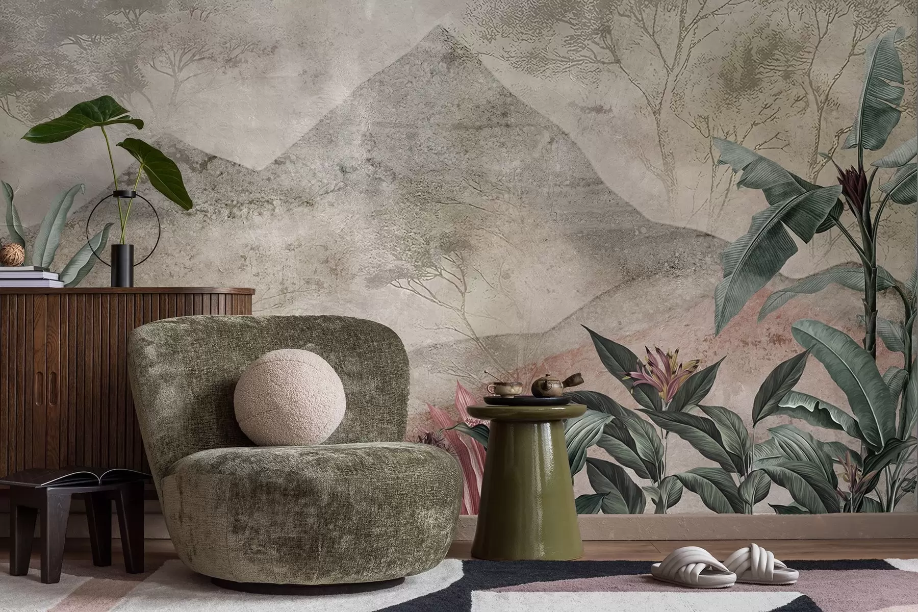 Fototapety Pastelové banánové listy a tropické kvety na pozadí hôr w04933