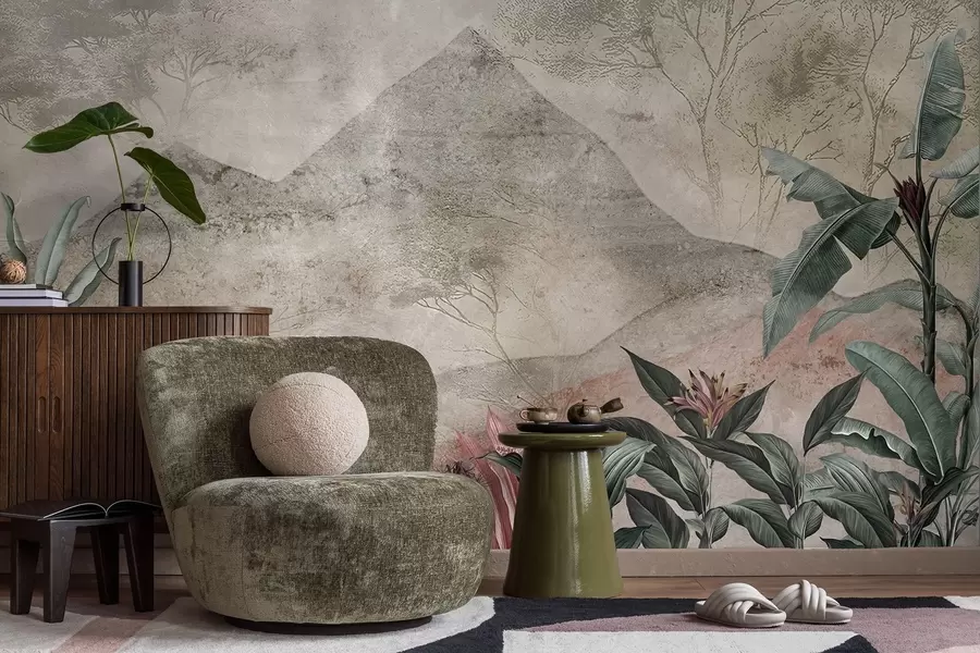 Fototapety Pastelové banánové listy a tropické kvety na pozadí hôr w04933