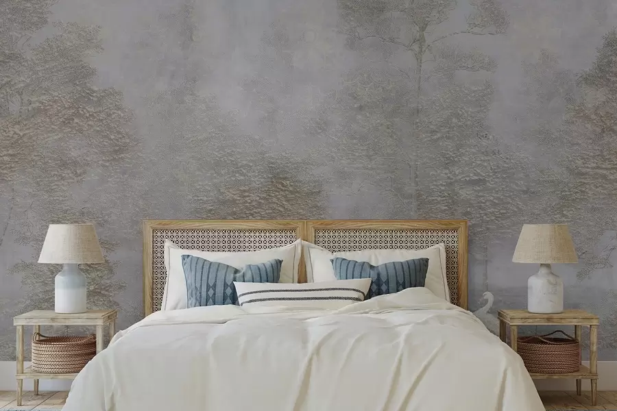 Fototapety Hmlistý les s bielou volavkou a jemnou textúrou w04953