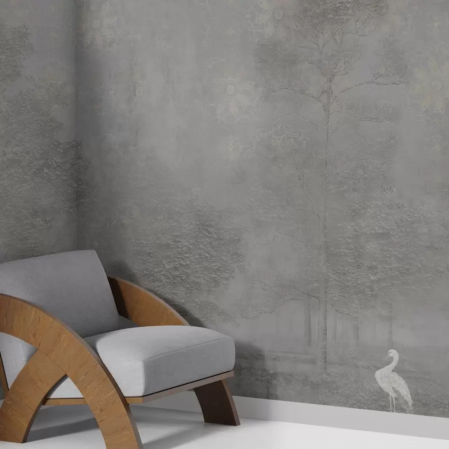 Fototapety Ľahký hmlistý les s volavkou v chladných sivých odtieňoch w04953v2