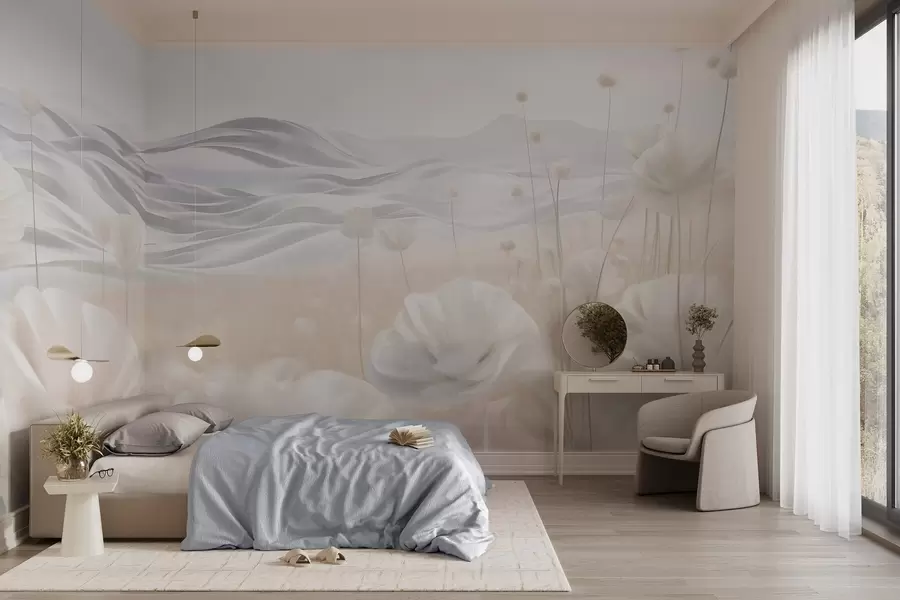 Fototapety Textúrované pole krémových makov s vlniacimi sa kopcami pod bledomodrou oblohou s jemnými oblakmi, pastelové farby w09553