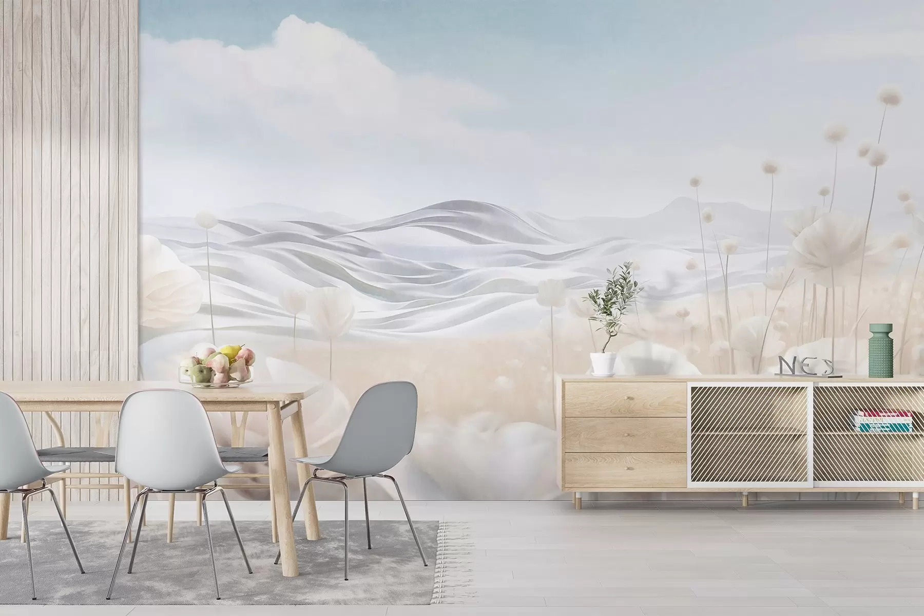 Fototapety Textúrované pole krémových makov s vlniacimi sa kopcami pod bledomodrou oblohou s jemnými oblakmi, pastelové farby w09553