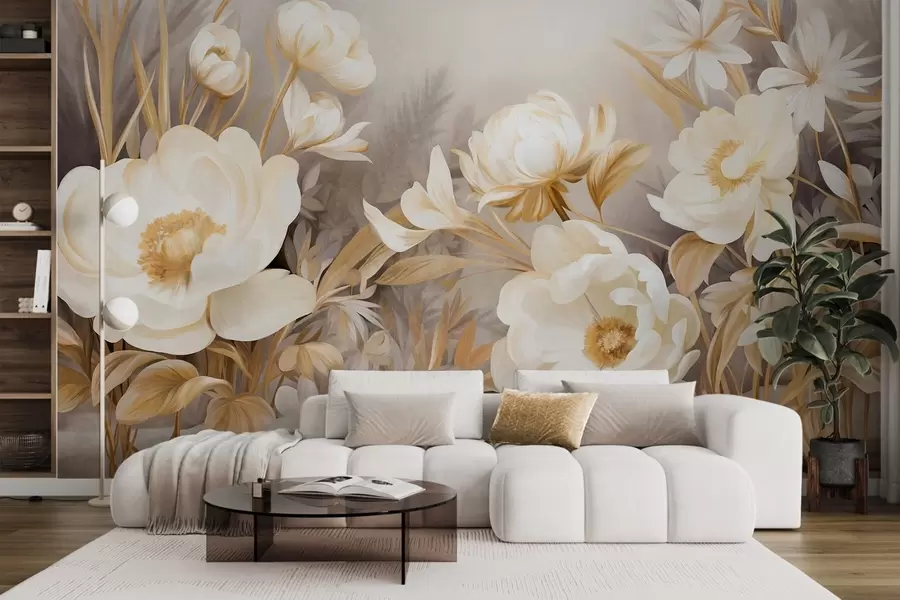 Fototapety Biele a žlté pivonky a iné kvety s vysokou trávou a listami v jemnom, maliarskom štýle s textúrou w09494