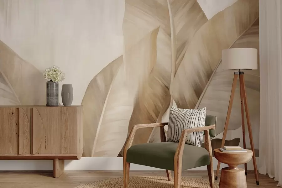 Fototapety Textúrované veľké, svetlo hnedé banánové listy na svetlo béžovom pozadí, s jemnou a minimalistickou estetikou w09586