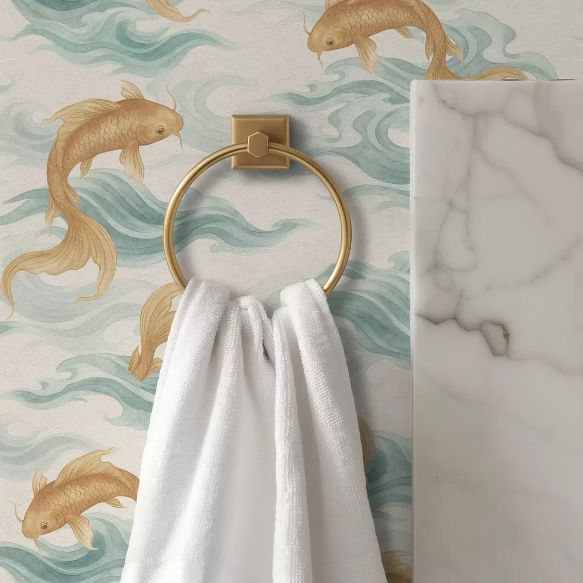 Tapety Jantárové koi ryby plávajúce medzi jemnými tyrkysovými vlnami a00894