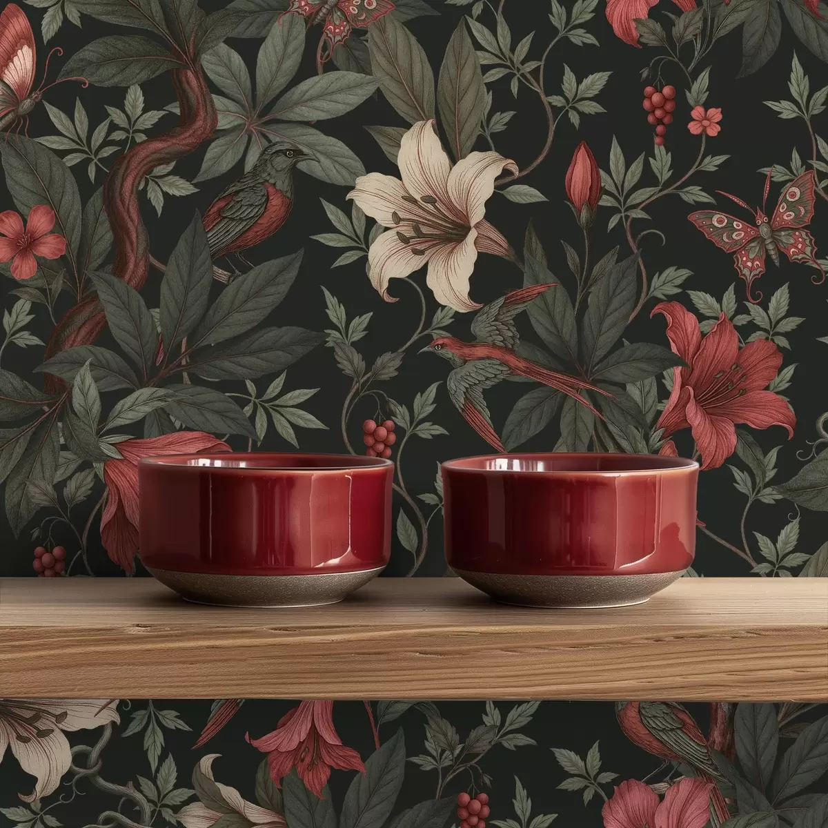 Tapety Tmavé džungľové kvety s vtákmi a motýľmi a00895