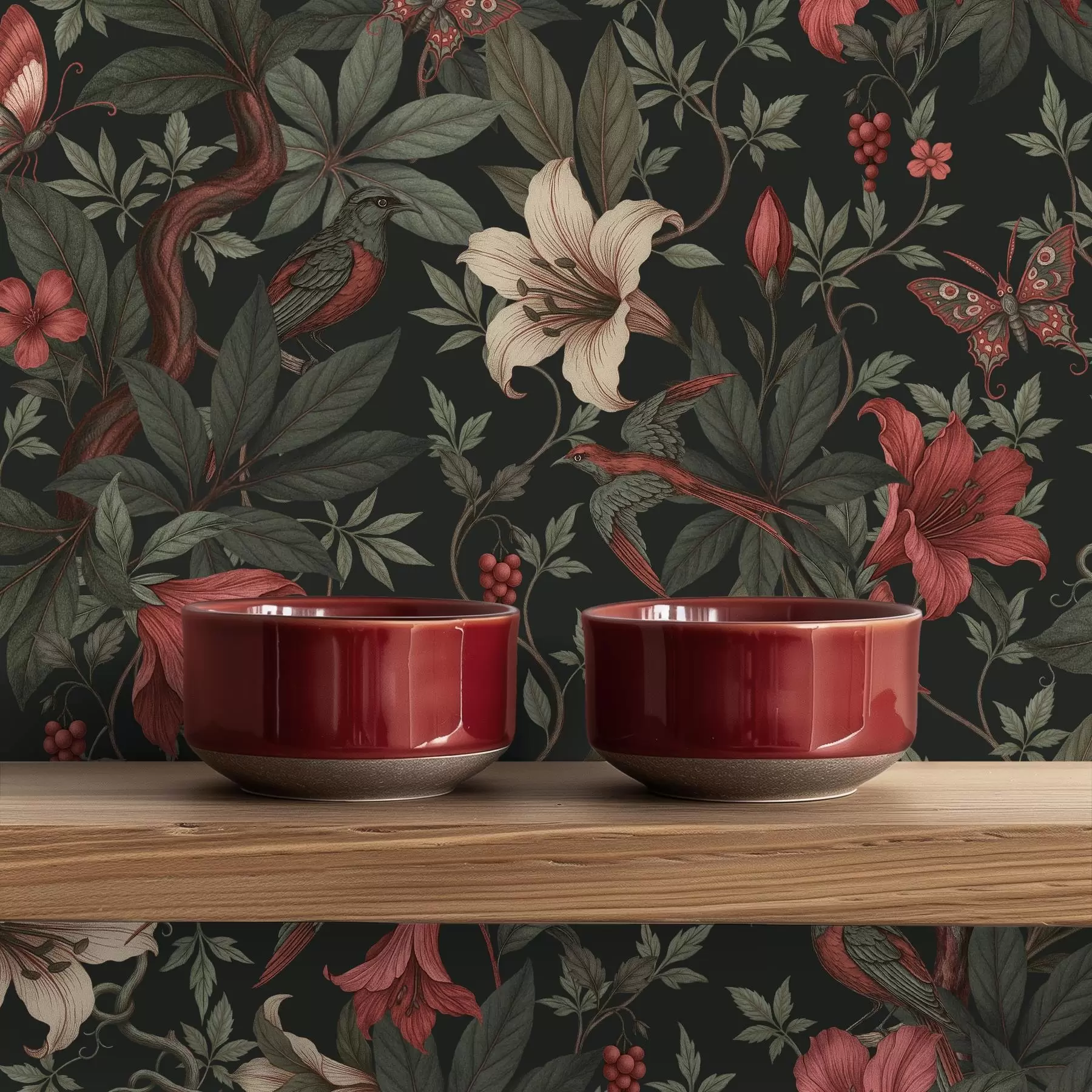 Fototapety Tmavé džungľové kvety s vtákmi a motýľmi a00895