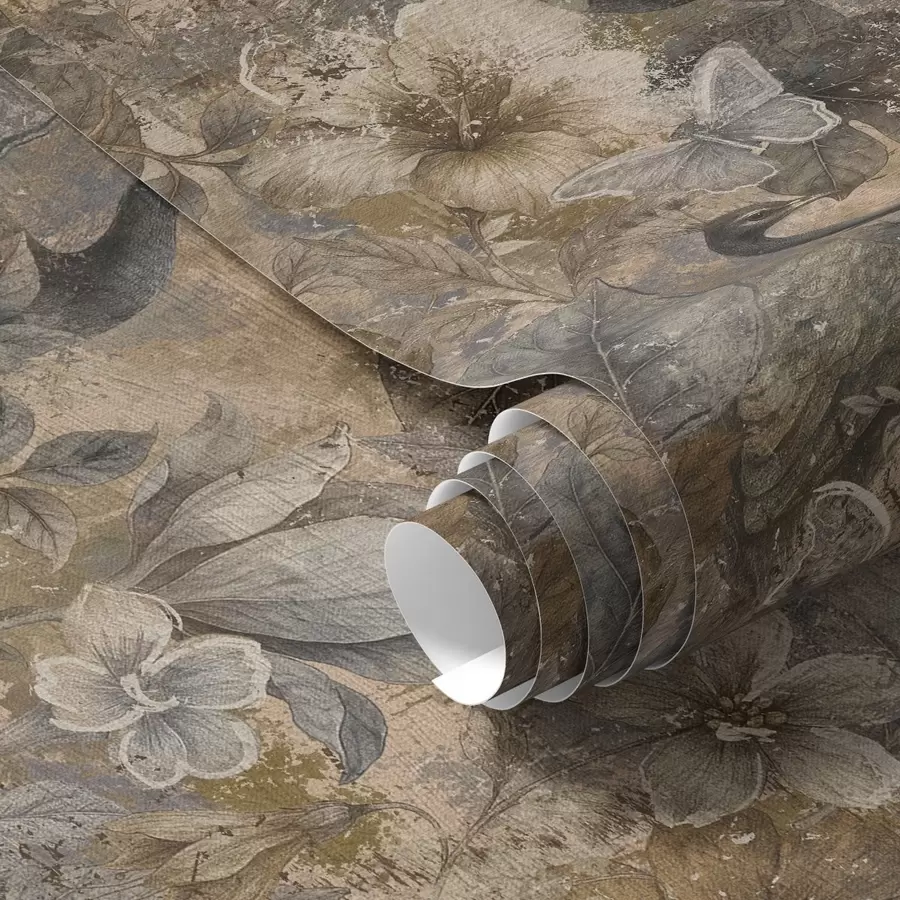 Fototapety Starobylá kvetinová koláž s pávmi a motýľmi a00897