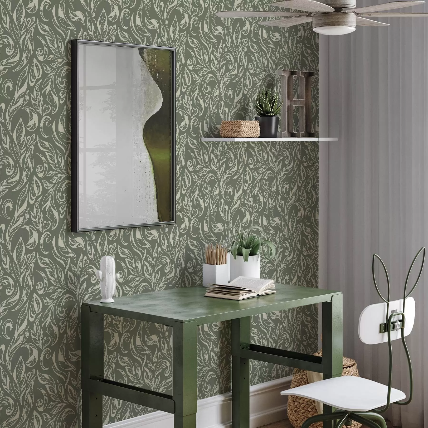 Fototapety Krémová listová ozdoba na zelenkasto-sivom pozadí a00940v2