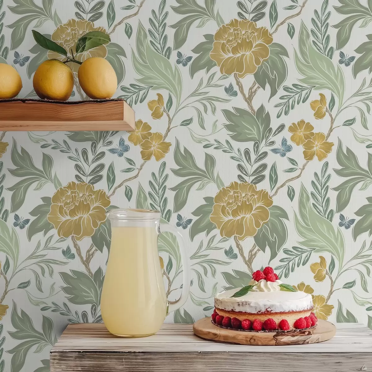 Tapety Veľké žlté pivonky a zeleň na svetlom pozadí a00941