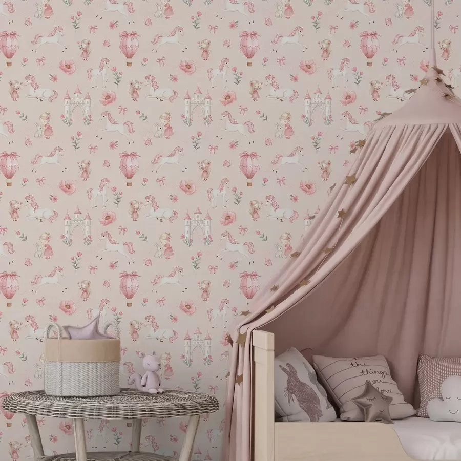 Fototapety Ružové jednorožce, malé dievčatká a hrad na jemnom pozadí a00957