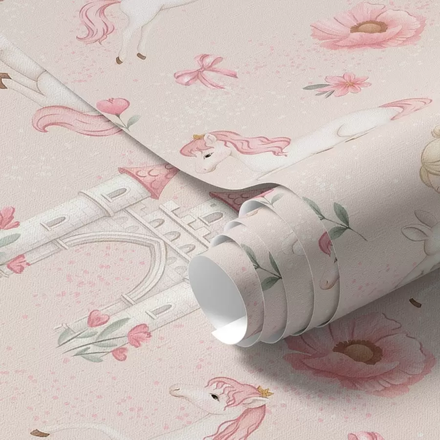 Fototapety Ružové jednorožce, malé dievčatká a hrad na jemnom pozadí a00957