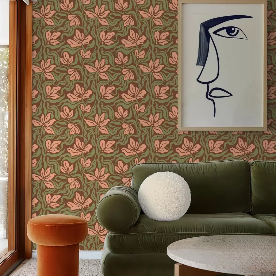 Fototapety Broskyňové kvety a zeleň na tmavohnedom pozadí a00958v2