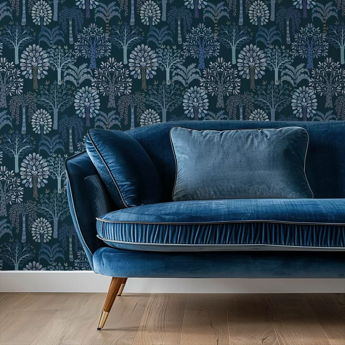 Tapety Nočný les s dekoratívnymi stromami v modrých odtieňoch a00960v2