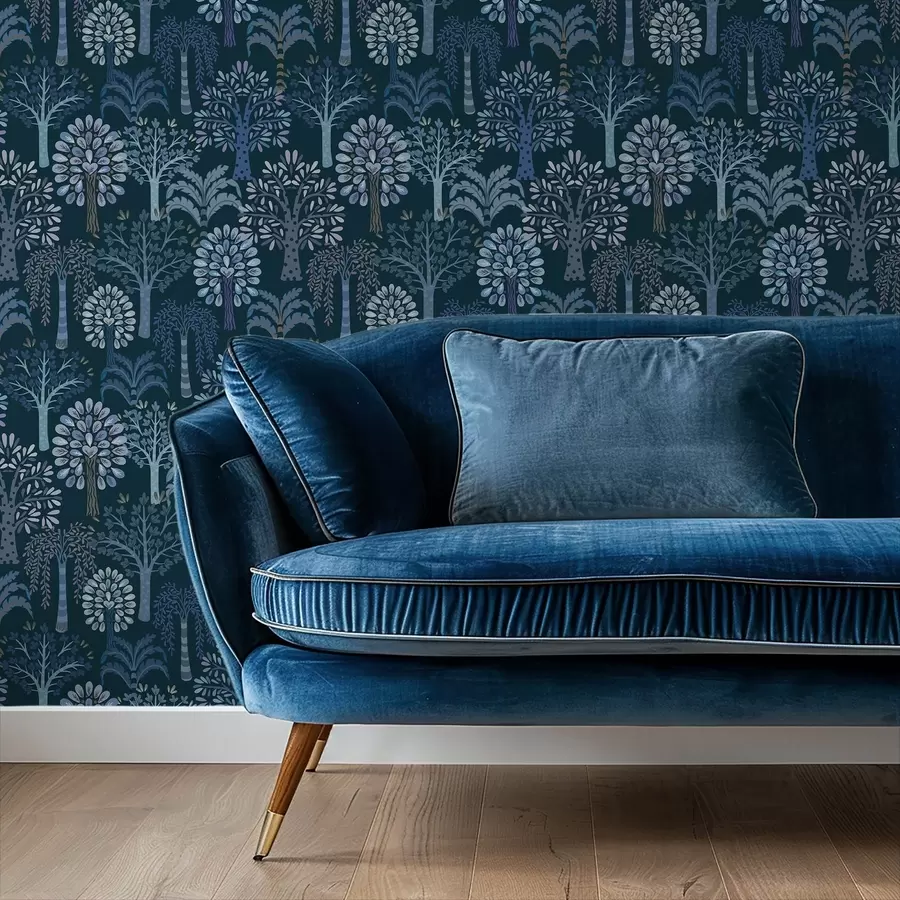 Fototapety Nočný les s dekoratívnymi stromami v modrých odtieňoch a00960v2