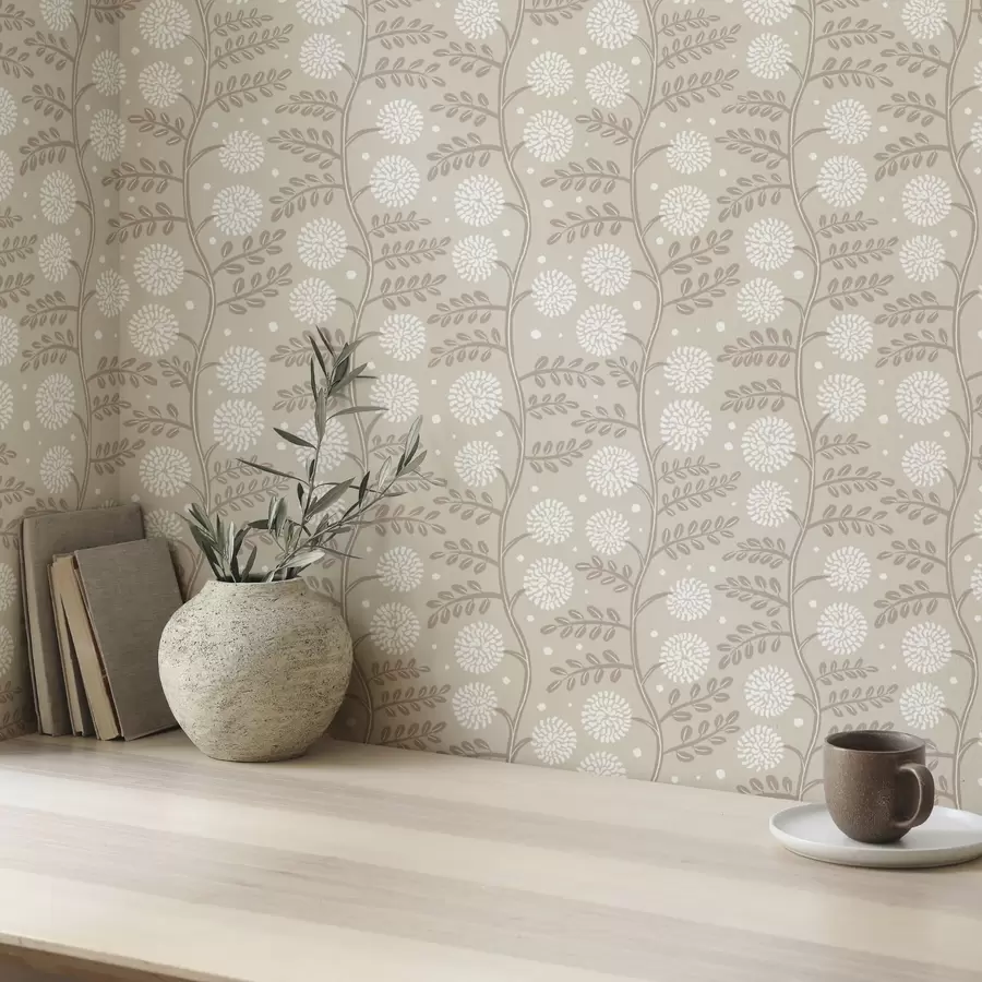 Fototapety Béžové stonky s bielymi nadýchanými kvetmi a jemnými bodkami a00997