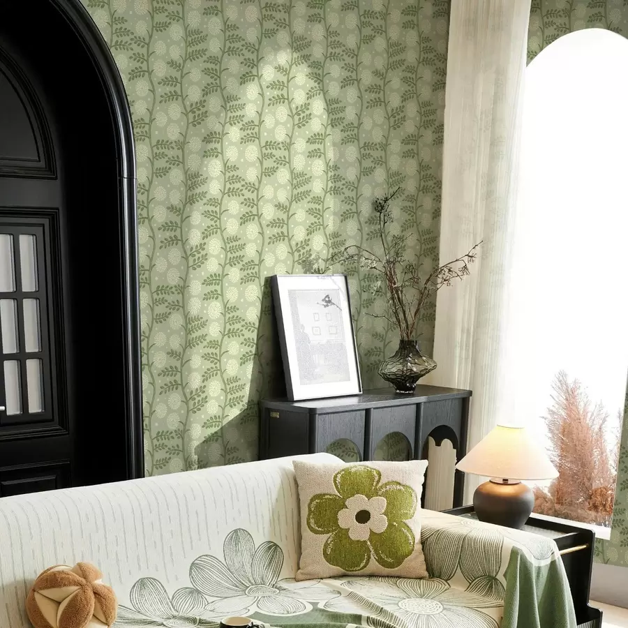 Fototapety Šalviovo zelené stonky so slonovinovými nadýchanými kvetmi a bodkami a00997v2