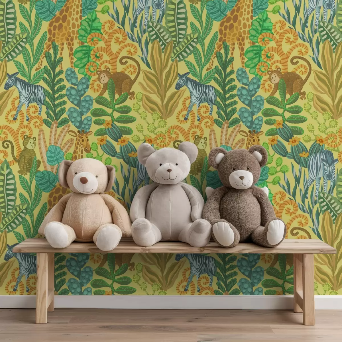 Tapety Žirafa, zebra a opica v jasne žltej savane a01000v1