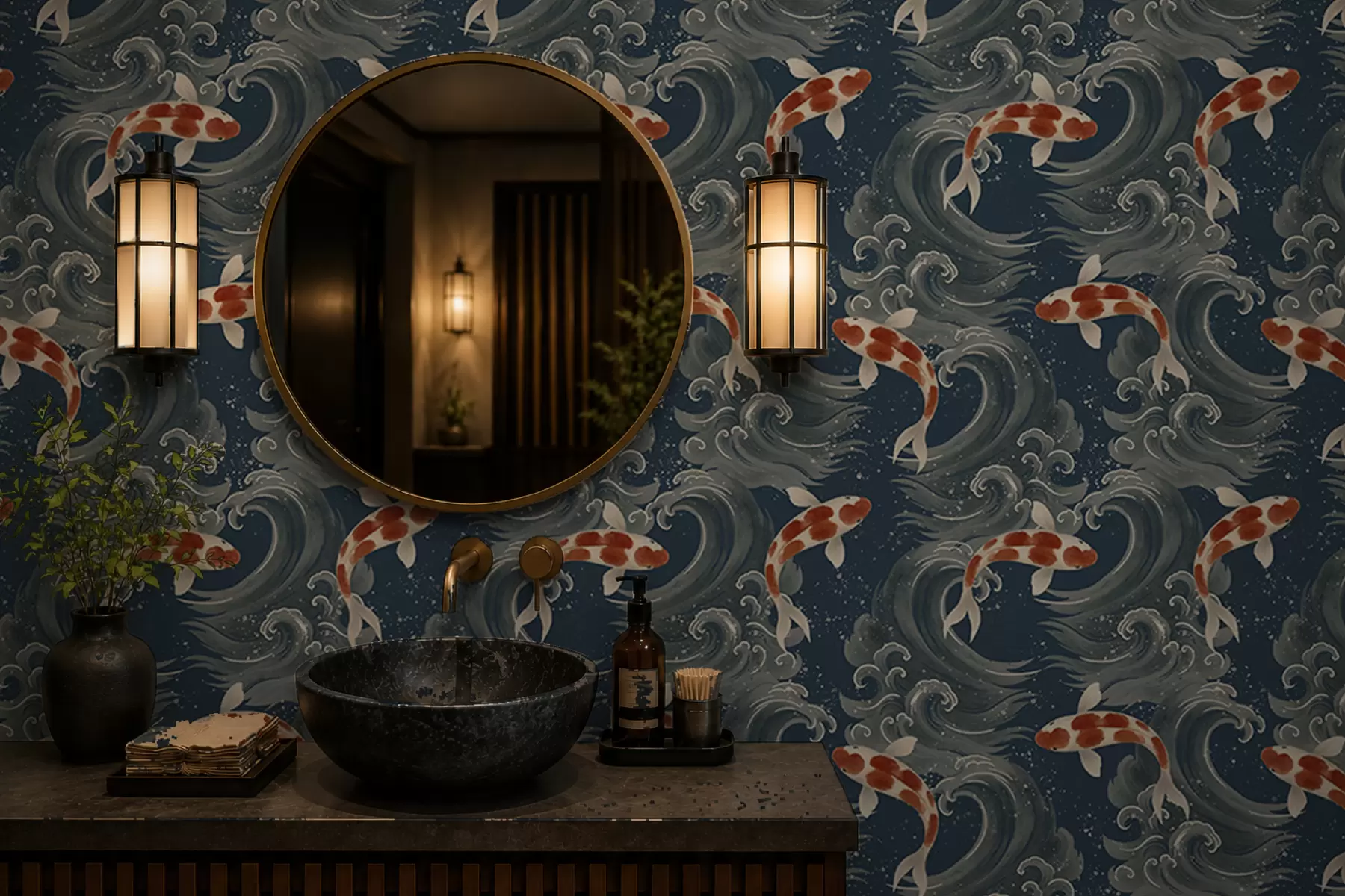 Fototapety Koi ryby plávajúce medzi dramatickými oceánskymi vlnami a01019