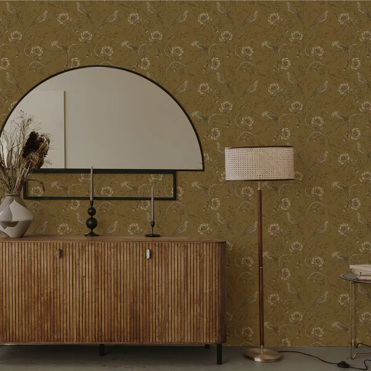 Tapety Vintage vtáky a kvety na teplom olivovom pozadí a01022v1