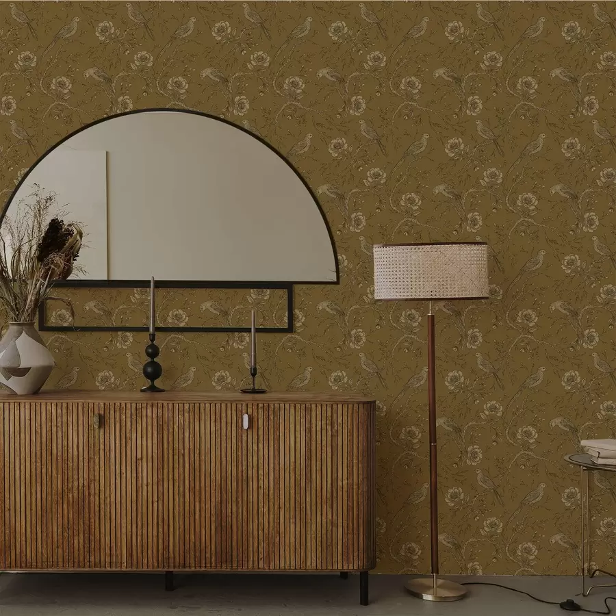 Fototapety Vintage vtáky a kvety na teplom olivovom pozadí a01022v1