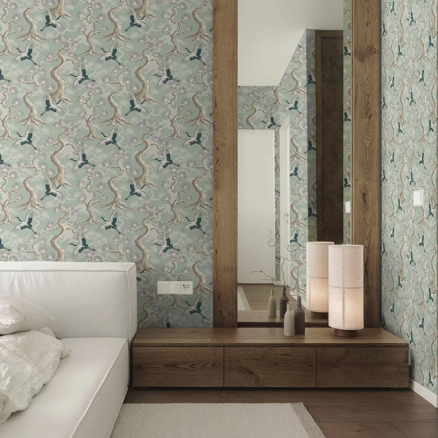 Fototapety Žeriavy medzi zakrivenými vetvami na jemnom šalviovom pozadí a01023