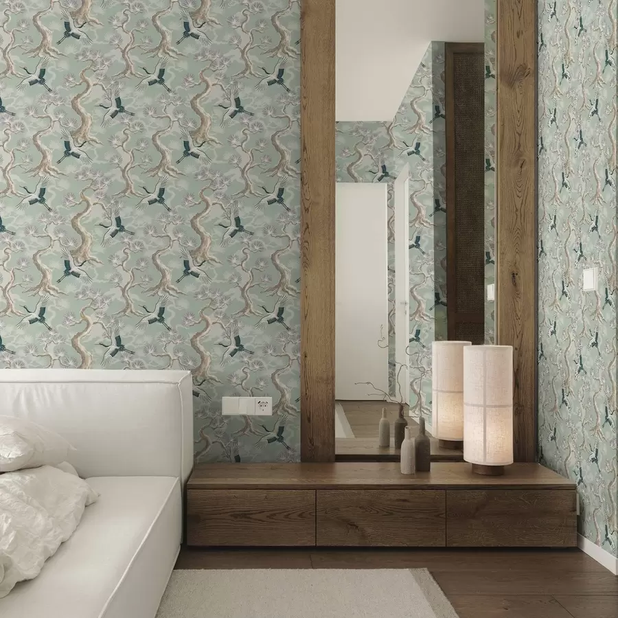 Fototapety Žeriavy medzi zakrivenými vetvami na jemnom šalviovom pozadí a01023