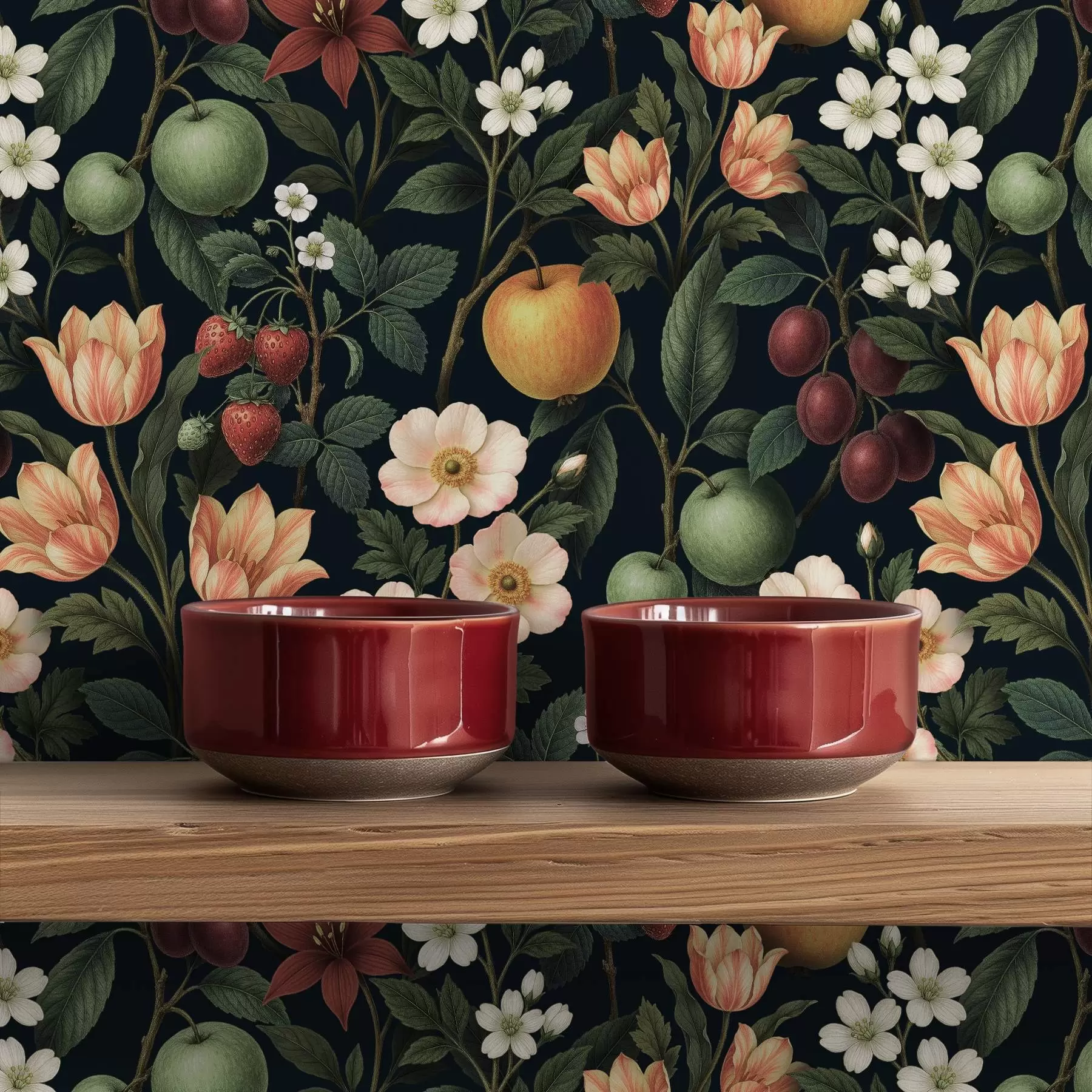 Fototapety Tmavá záhrada s kvetmi, zrelými jablkami a bobuľami a01034