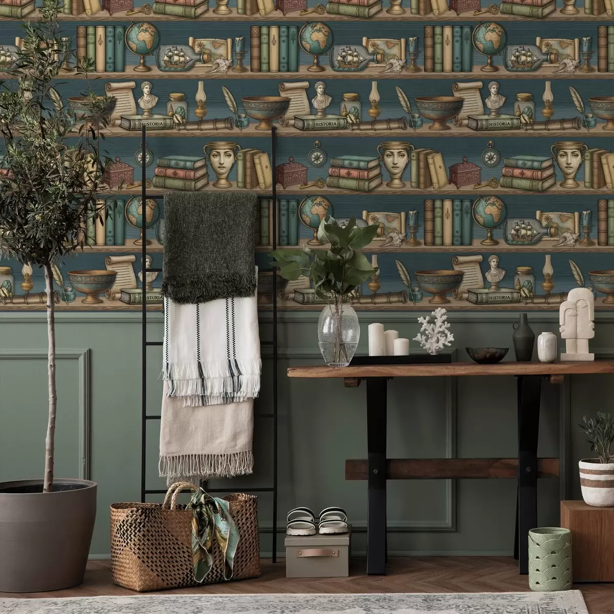 Tapety Retro police s knihami, glóbusom a morskými kuriozitami a01036