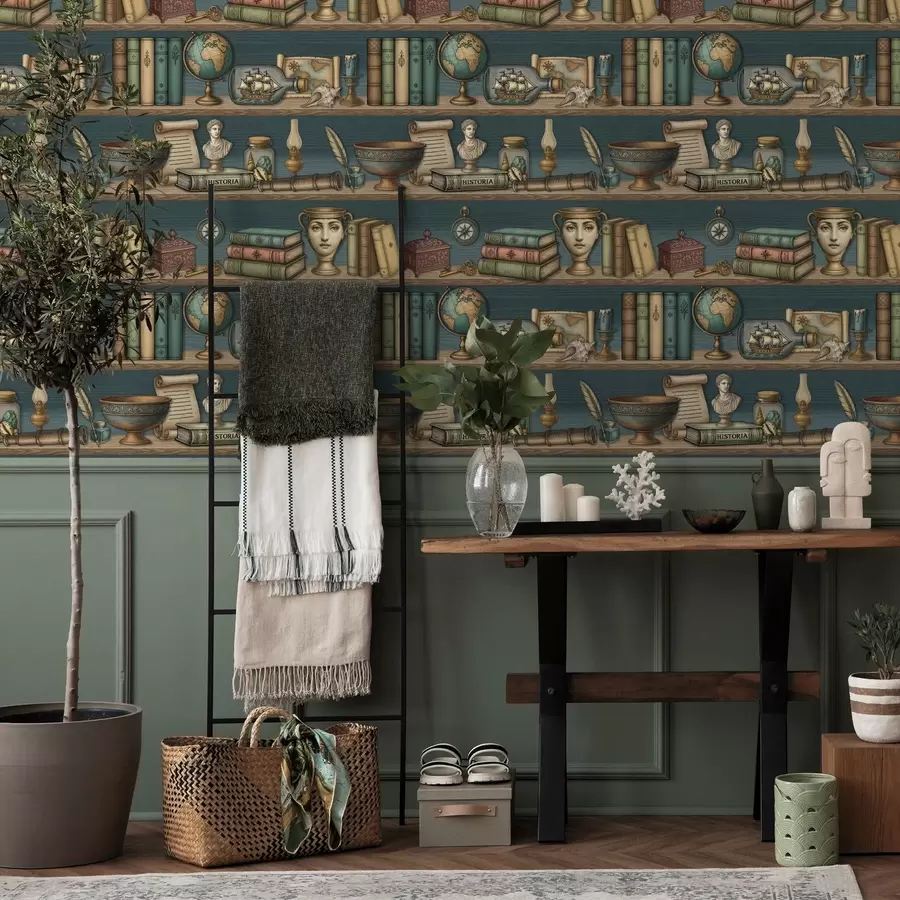 Fototapety Retro police s knihami, glóbusom a morskými kuriozitami a01036