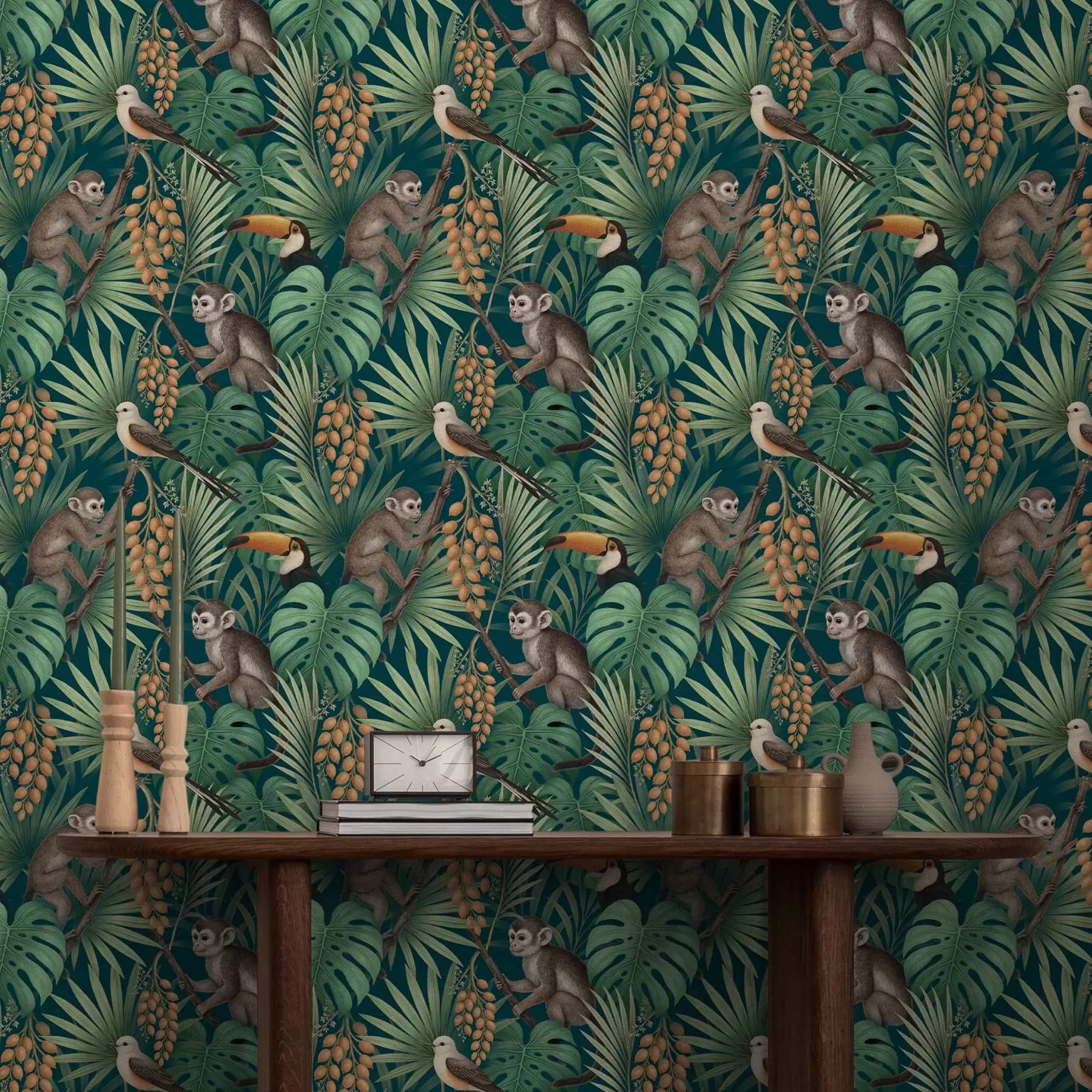 Fototapety Opice a tropické vtáky v hustom poraste džungle a01037