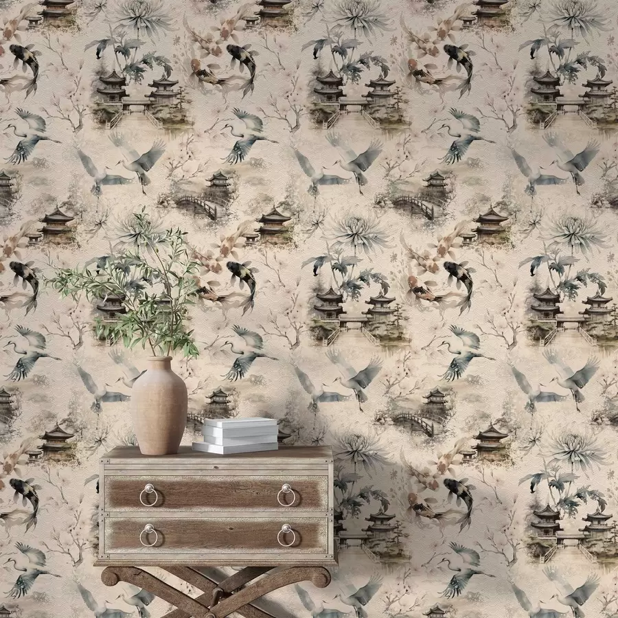 Fototapety Japonské chrámy, kapre koi a žeriavy na jemnom pozadí a01040