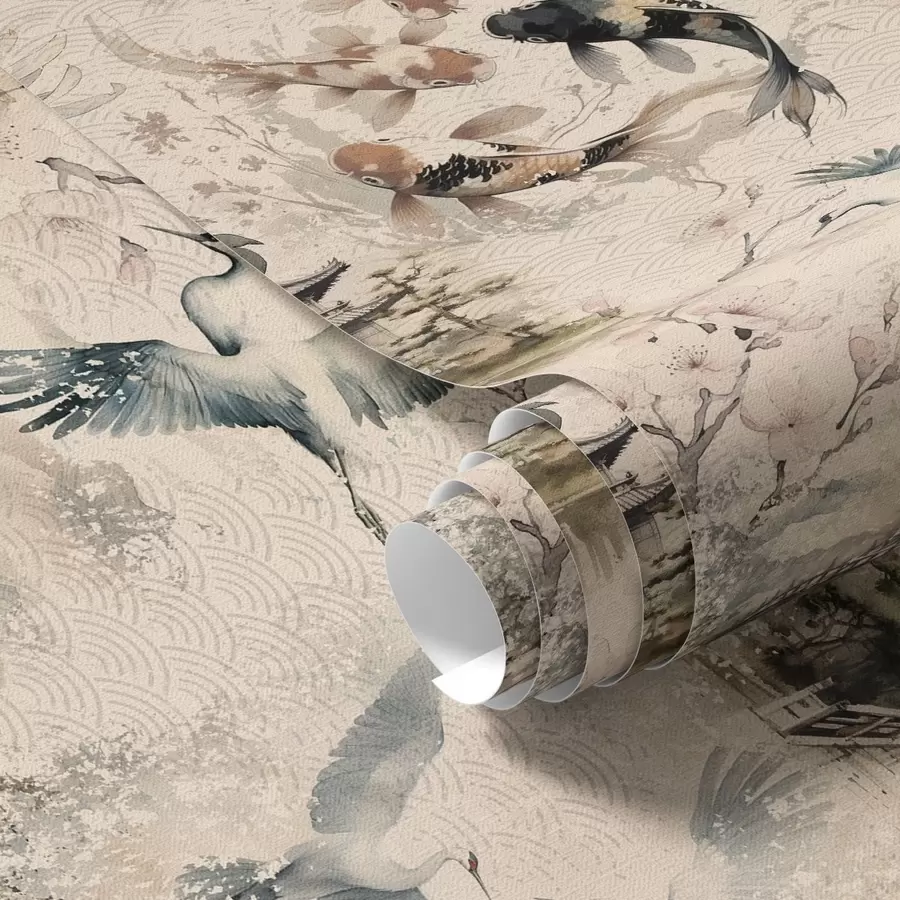 Fototapety Japonské chrámy, kapre koi a žeriavy na jemnom pozadí a01040