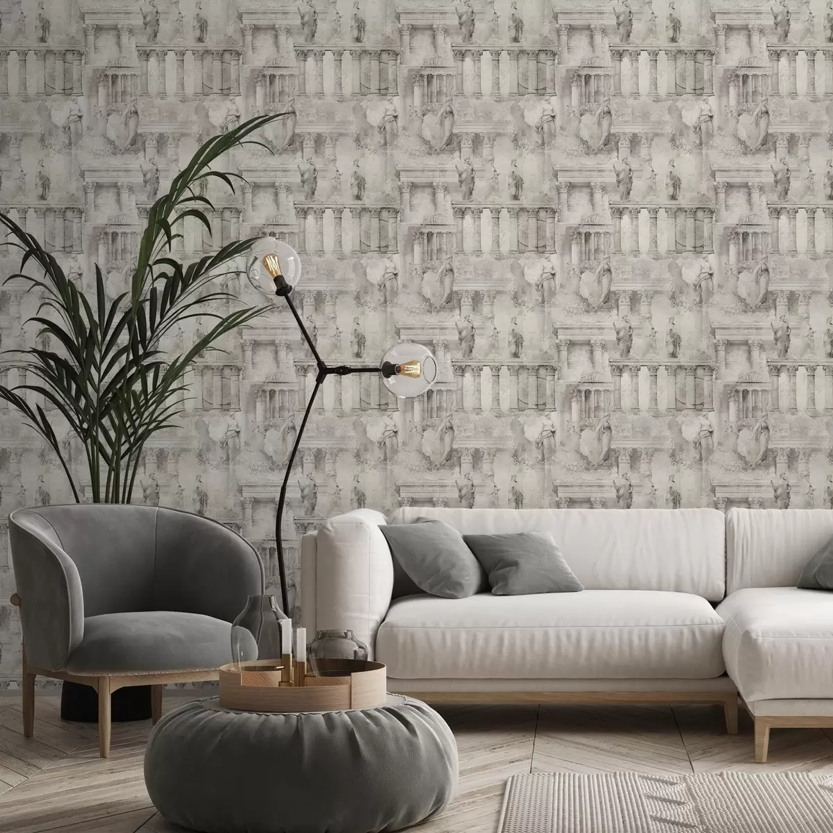 Tapety Starožitné sochy a stĺpy v jemných béžovo-sivých odtieňoch a01041