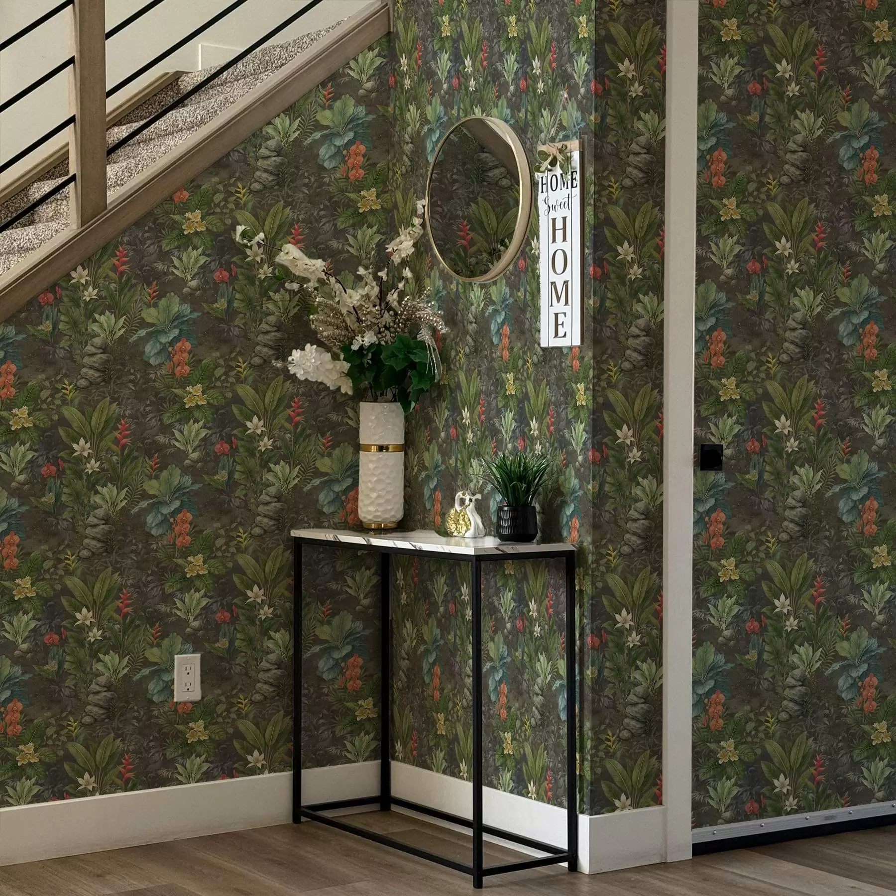 Fototapety Tmavá tropická záhrada s jasnými kvetmi a zeleňou a01079