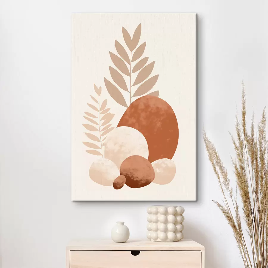 Obraz Abstraktné tvary textúrovaných kameňov a listov v tlmených broskyňových a terakotových odtieňoch, minimalistické, krémové pozadie s47013
