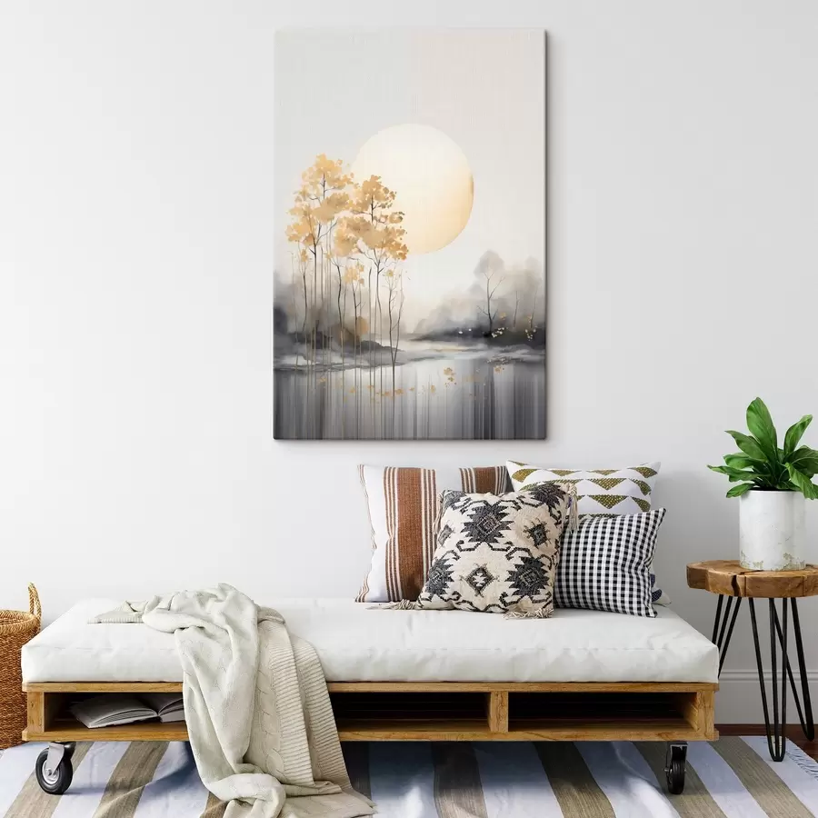 Obraz Dekoratívna abstraktná krajina, vysoké stromy so žltými listami, rieka a hmla v pozadí s47014