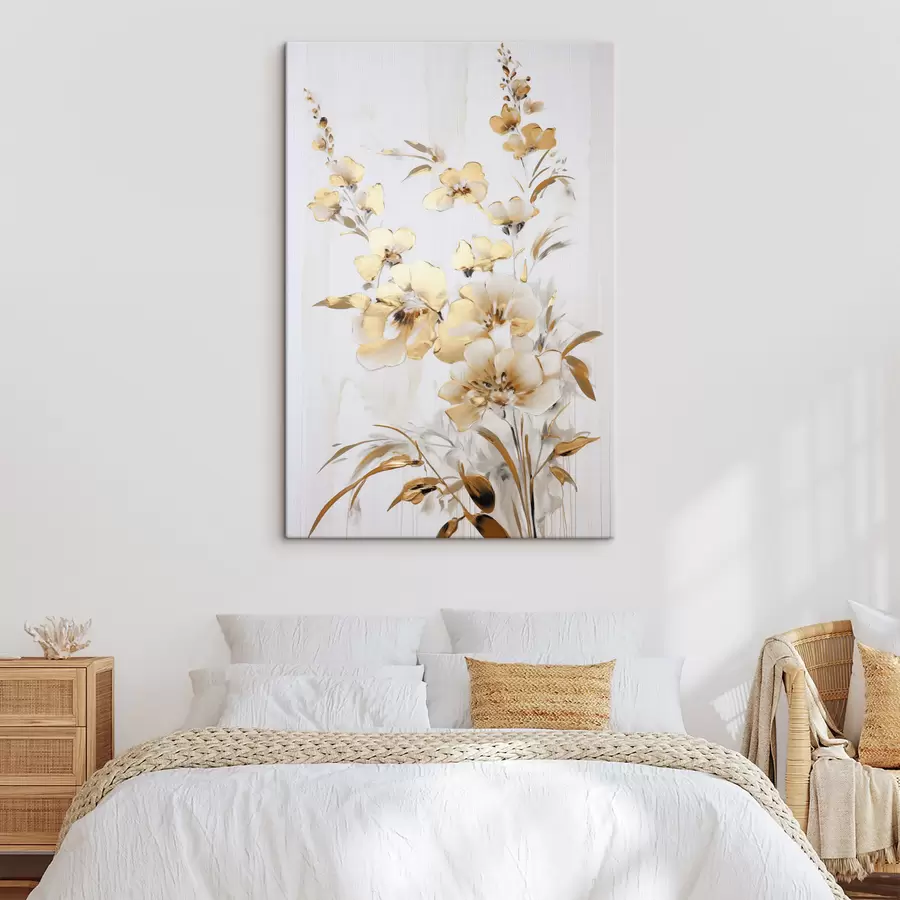 Obraz Textúrované žlté kvety a listy na bielom pozadí, s jemnými ťahmi štetcom s47016