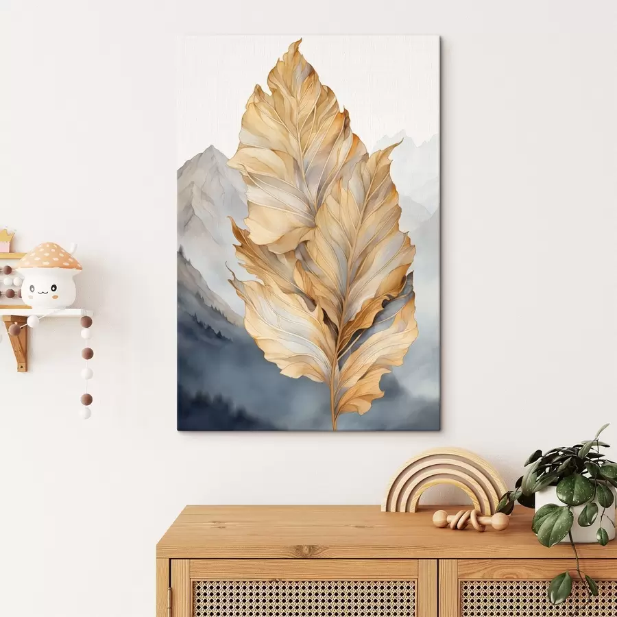 Obraz Abstraktné veľké, žlté a hnedé listy so zložitými detailmi na pozadí horskej krajiny s47022