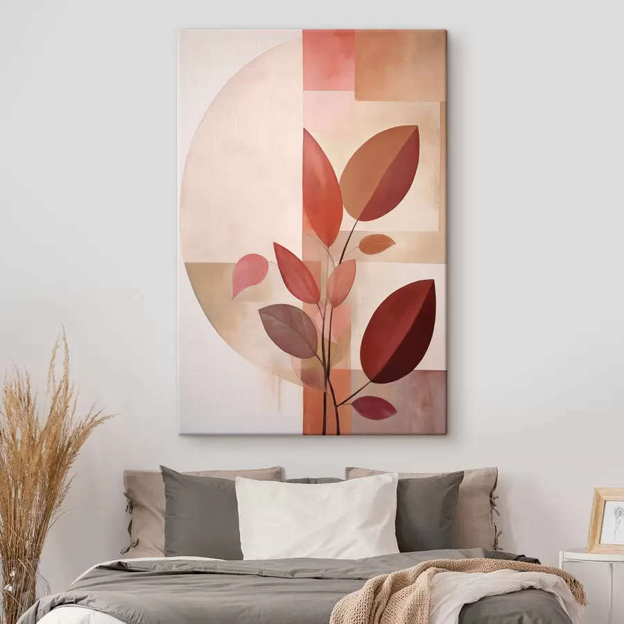 Obraz Abstraktná rastlina s červenými listami na pozadí geometrických tvarov a jemných, tlmených farieb s47041