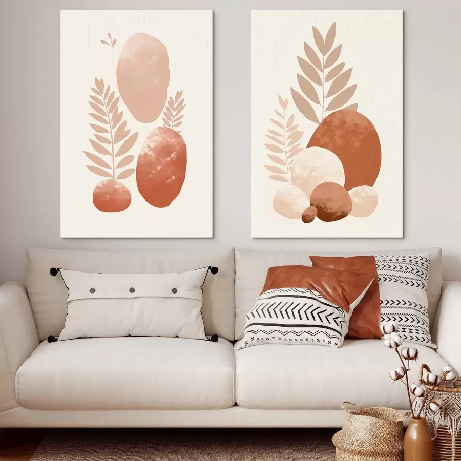 Obraz Abstraktné tvary textúrovaných kameňov a listov v tlmených broskyňových a terakotových odtieňoch, minimalistické, krémové pozadie m01114