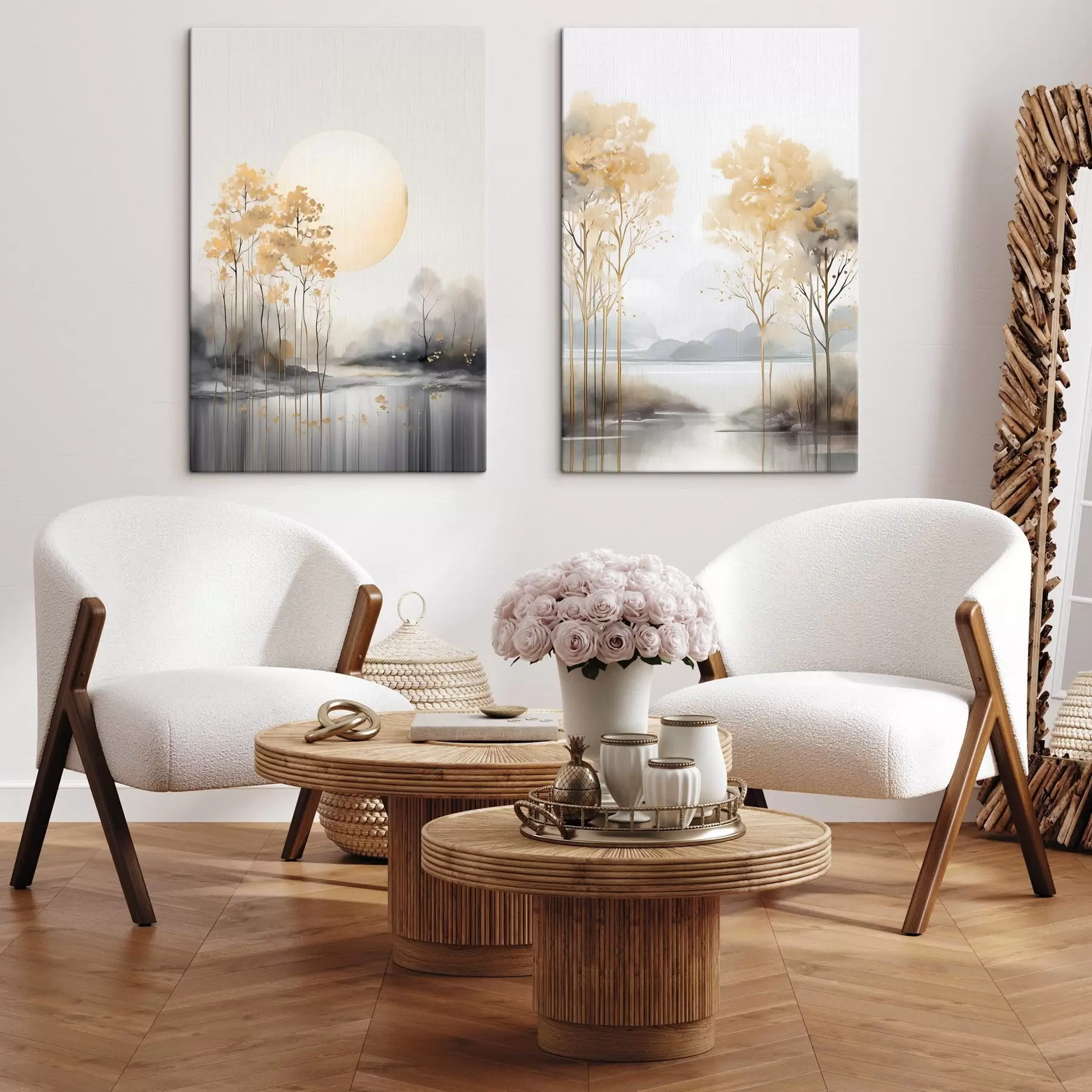 Obraz Dekoratívna abstraktná krajina, vysoké stromy so žltými listami, rieka a hmla v pozadí m01115