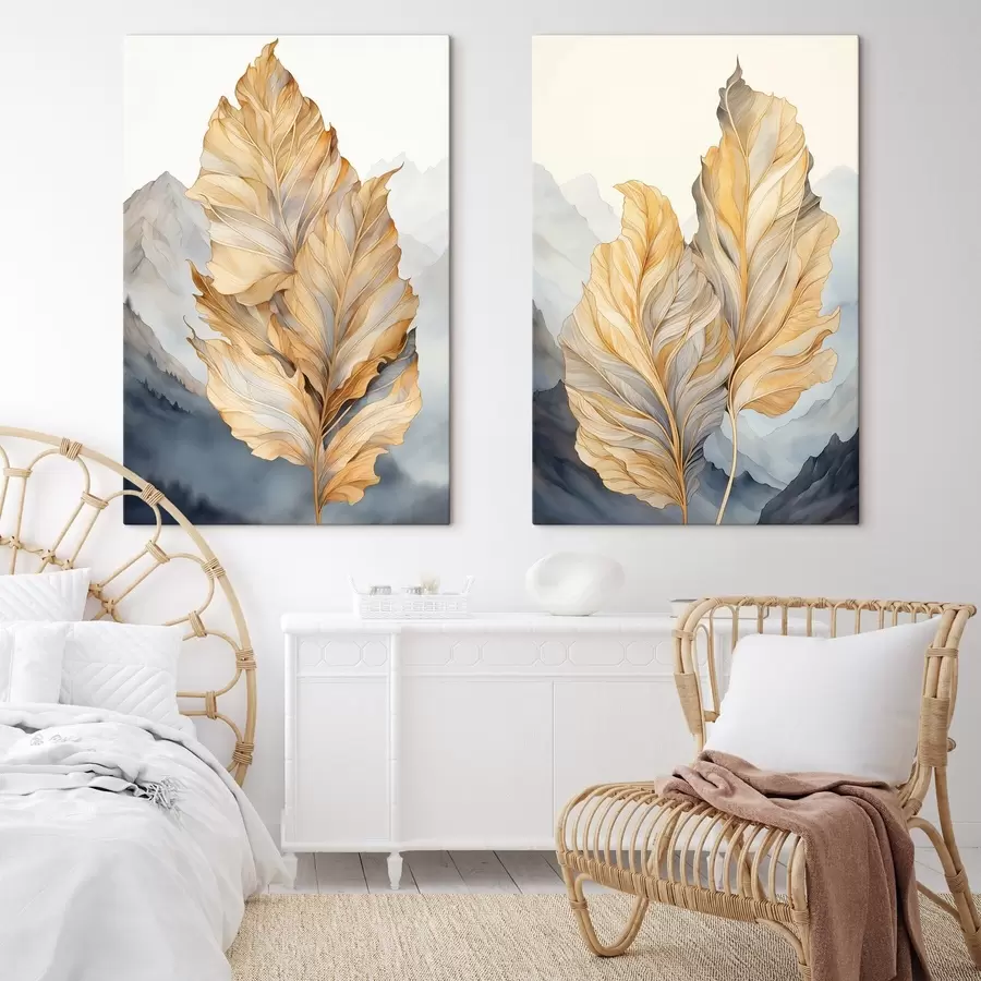 Obraz Abstraktné veľké, žlté a hnedé listy so zložitými detailmi na pozadí horskej krajiny m01119