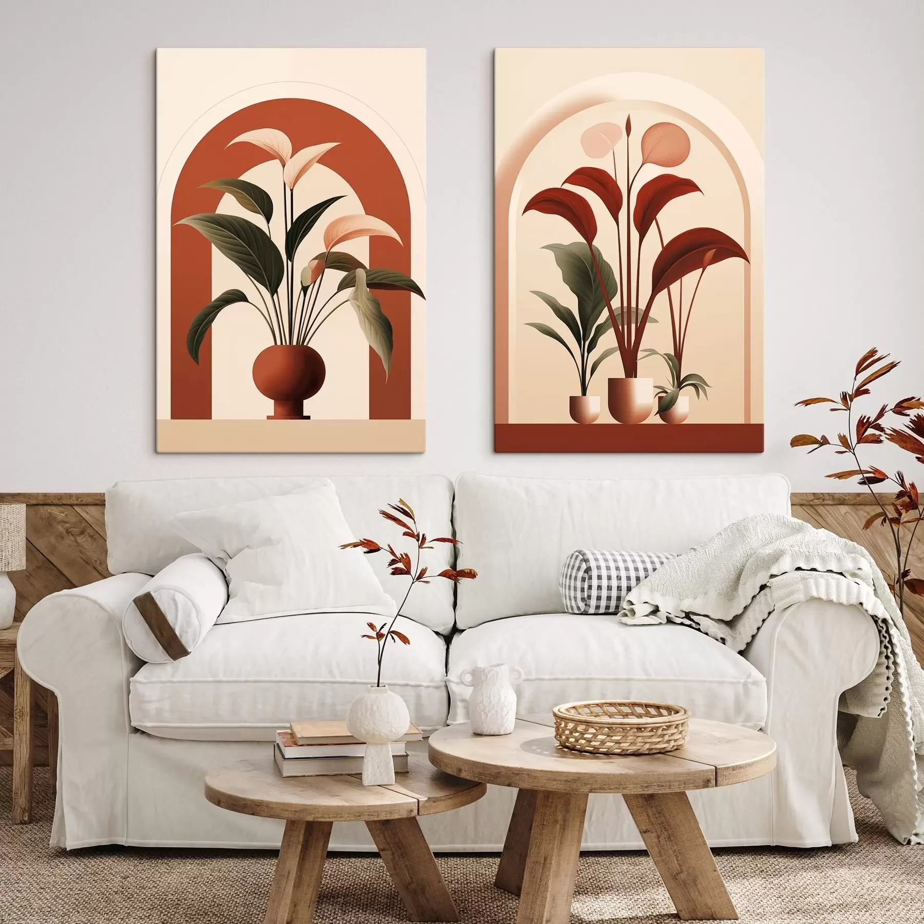 Obraz Abstraktné rastliny v kvetináčoch s veľkými zelenými a červenými listami pred krémovou bránou m01124