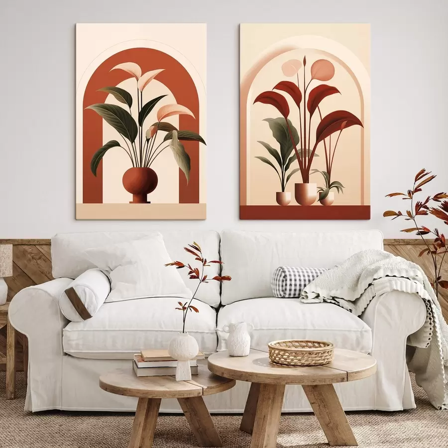 Obraz Abstraktné rastliny v kvetináčoch s veľkými zelenými a červenými listami pred krémovou bránou m01124