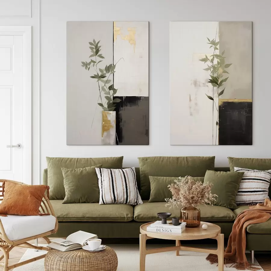 Obraz Minimalistická textúrovaná maľba vázy so zelenými listami na pozadí abstraktných geometrických tvarov m01126