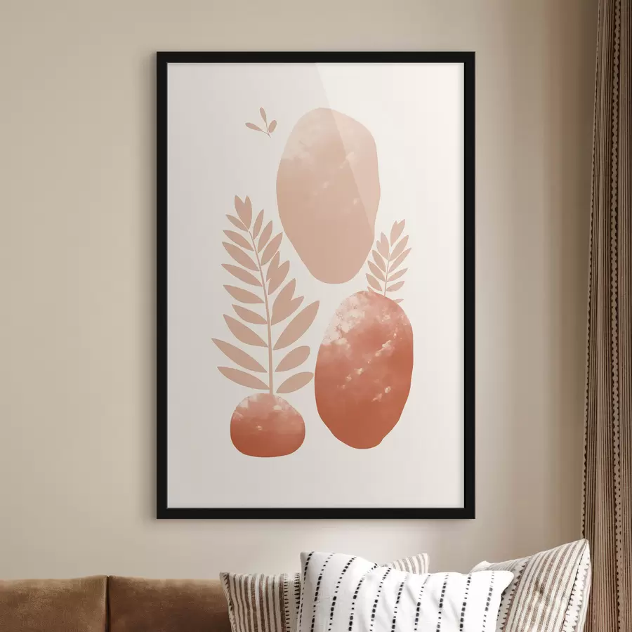 Fototapety Abstraktné tvary textúrovaných kameňov a listov v tlmených broskyňových a terakotových odtieňoch, minimalistické, krémové pozadie f47012