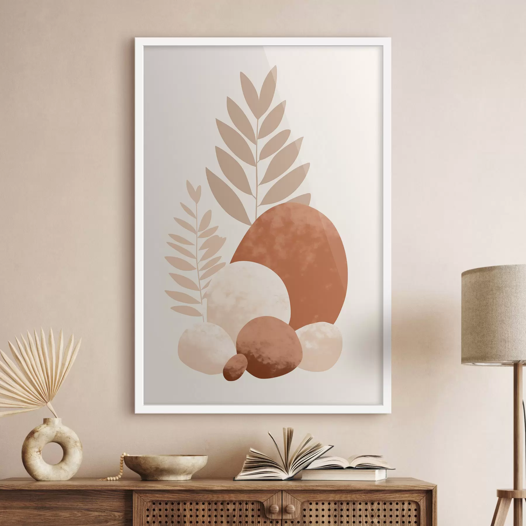 Fototapety Abstraktné tvary textúrovaných kameňov a listov v tlmených broskyňových a terakotových odtieňoch, minimalistické, krémové pozadie f47013