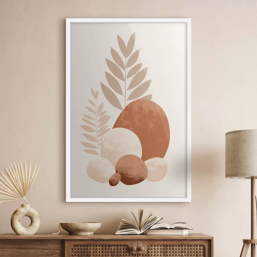 Fototapety Abstraktné tvary textúrovaných kameňov a listov v tlmených broskyňových a terakotových odtieňoch, minimalistické, krémové pozadie f47013